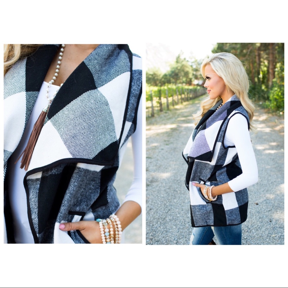 CHASITY BUFFALO PLAID OPEN FRONT VEST BLACK WHITE - Picture 3 of 3